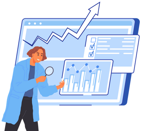 Le scientifique travaille avec l'analyse de données et la recherche de statistiques  Illustration