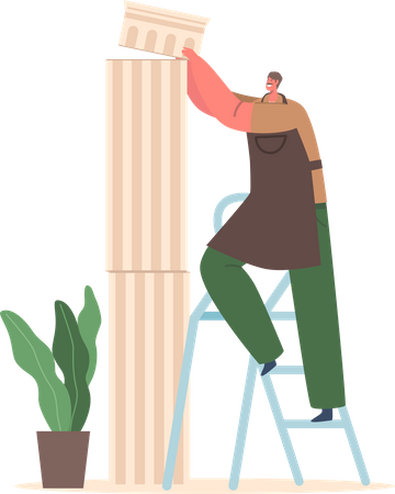 Un sculpteur masculin a installé un bloc de marbre dans un pilier entier debout sur une échelle  Illustration
