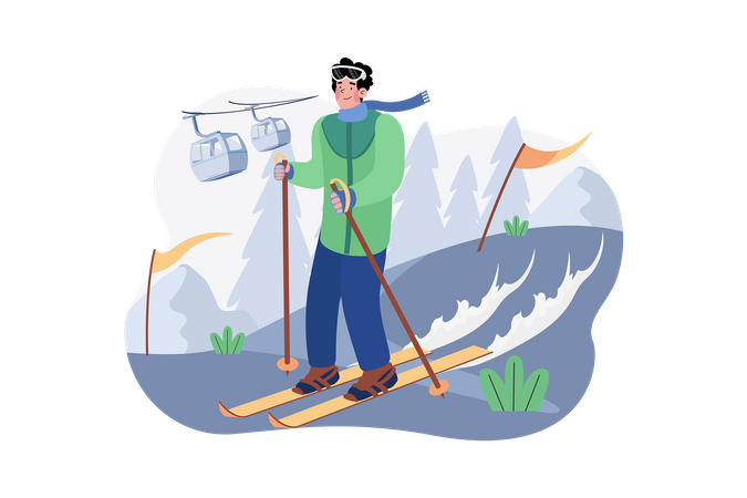 Un skieur glisse sur une montagne enneigée  Illustration