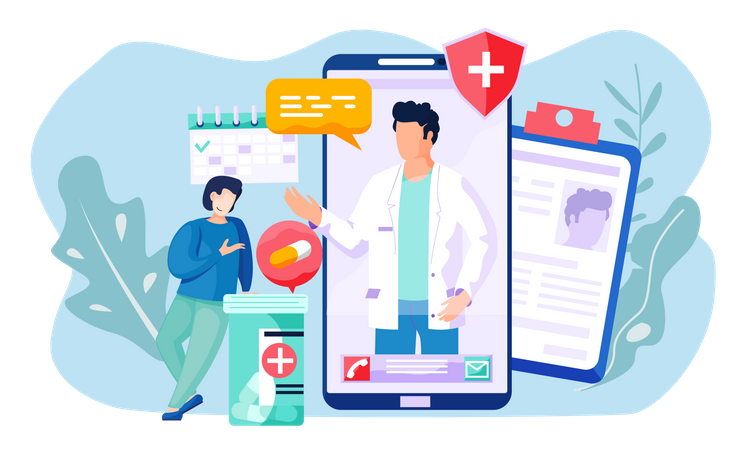 Un thérapeute prescrit un traitement à un homme via Internet  Illustration