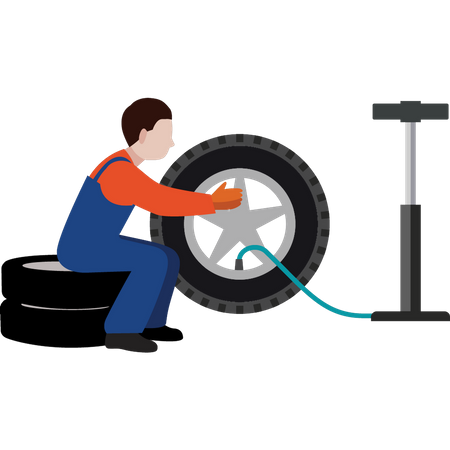 Un trabajador está llenando un neumático con aire.  Ilustración