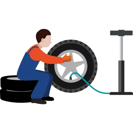 Un trabajador está llenando un neumático con aire.  Ilustración