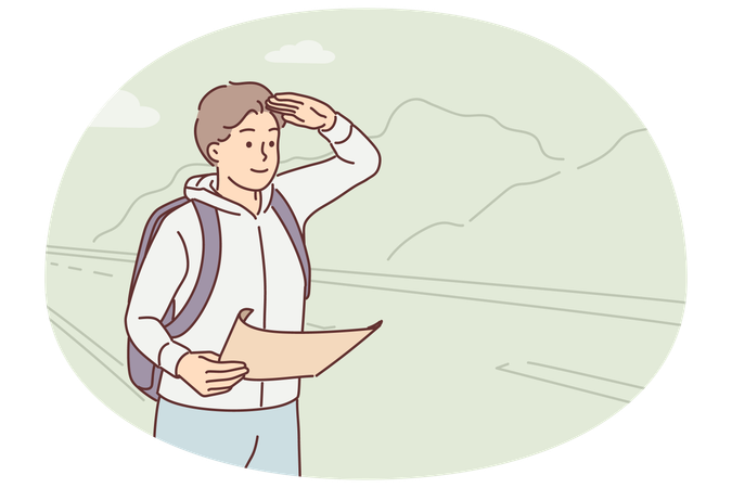 Un transitaire avec une carte se tient près de la route et regarde au loin en attendant l'arrivée du bus pour les touristes  Illustration
