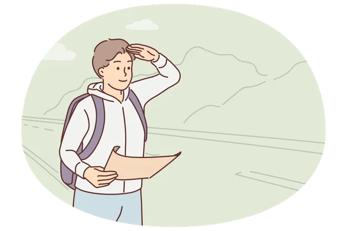 Un transitaire avec une carte se tient près de la route et regarde au loin en attendant l'arrivée du bus pour les touristes  Illustration