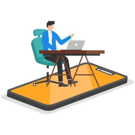 Un travailleur à distance assis à une table sur un écran de tablette  Illustration