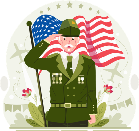 Un veterano masculino saludando el Día de los Veteranos con una bandera estadounidense ondeando  Ilustración