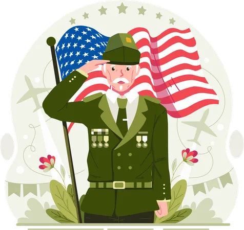 Un veterano masculino saludando el Día de los Veteranos con una bandera estadounidense ondeando  Ilustración