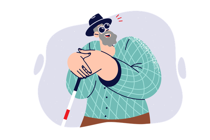Un vieil homme aveugle portant des lunettes de soleil sourit et tient une canne en raison de problèmes de santé  Illustration
