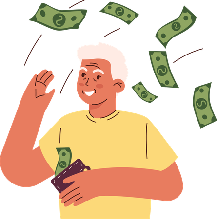 Un vieil homme jette de l'argent à cause d'un problème de démence  Illustration