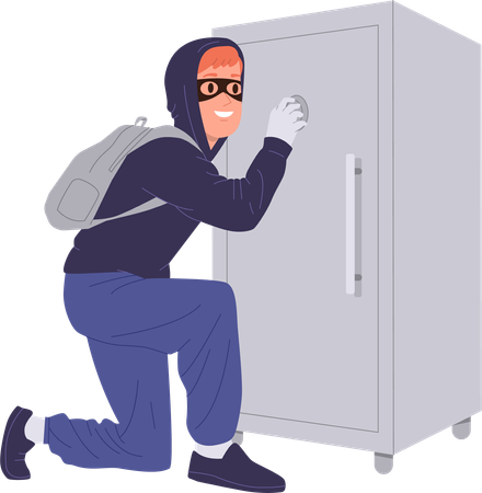 Un voleur tente de s'introduire dans un coffre-fort bancaire et récupère le code de sécurité pour voler de l'argent.  Illustration