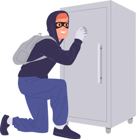 Un voleur tente de s'introduire dans un coffre-fort bancaire et récupère le code de sécurité pour voler de l'argent.  Illustration