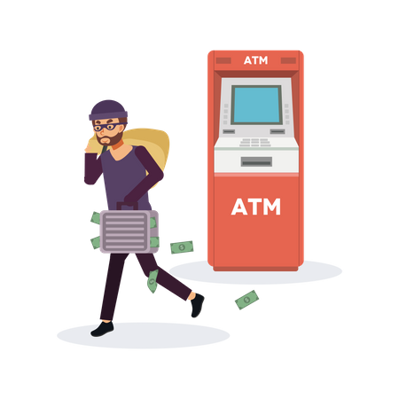 Un voleur vole de l'argent dans un distributeur automatique  Illustration