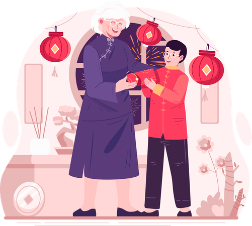 Una abuela entrega un sobre rojo con dinero de la suerte a sus nietos  Ilustración