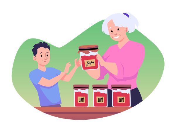 La abuela le da a su nieto un frasco con mermelada casera de frutas o bayas. Una anciana agasaja al niño.  Ilustración