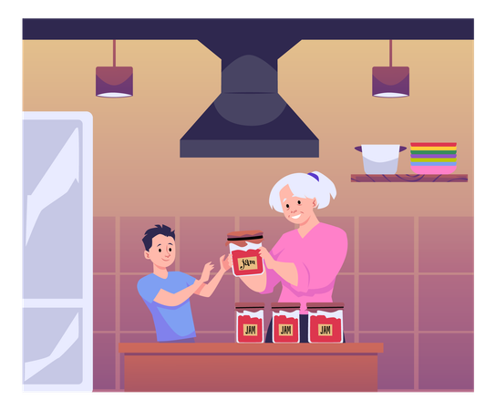 La abuela le da a su nieto un frasco de vidrio con mermelada de frutas o bayas. Una anciana agasaja al niño en la cocina.  Ilustración