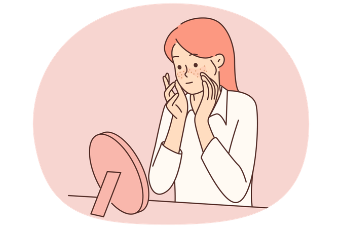 Una adolescente con pecas en la cara se mira en el espejo mientras estudia el sarpullido que le ha aparecido.  Ilustración