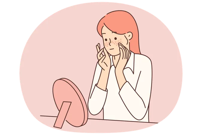 Una adolescente con pecas en la cara se mira en el espejo mientras estudia el sarpullido que le ha aparecido.  Ilustración