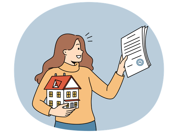 Una agente inmobiliaria ayuda a las personas a comprar bienes raíces y a firmar contratos hipotecarios.  Ilustración