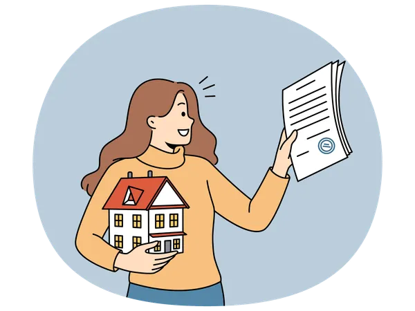 Una agente inmobiliaria ayuda a las personas a comprar bienes raíces y a firmar contratos hipotecarios.  Ilustración