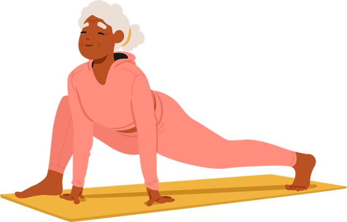 Una mujer mayor practica yoga felizmente estirando las piernas sobre su esterilla  Ilustración