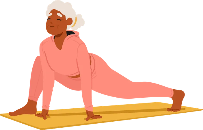 Una mujer mayor practica yoga felizmente estirando las piernas sobre su esterilla  Ilustración