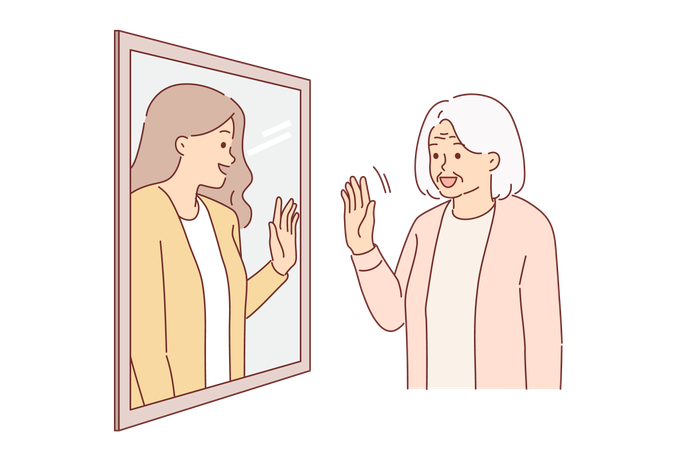 Una anciana ve el pasado en el reflejo del espejo y agita la mano recibiendo emociones positivas  Ilustración