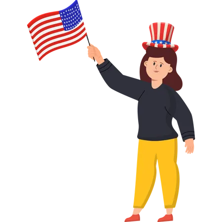 Una niña con la bandera estadounidense celebrando el Día de la Independencia  Ilustración