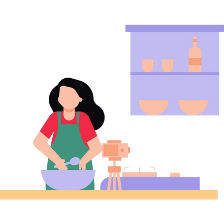 Una chica está haciendo un vídeo de cocina.  Ilustración