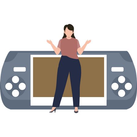 Una chica está parada junto a un videojuego.  Ilustración