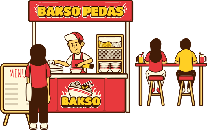 Una chica pide albóndigas en un puesto de comida  Ilustración