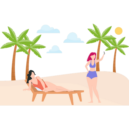 Una chica tomando selfie y otra relajándose en la playa  Ilustración