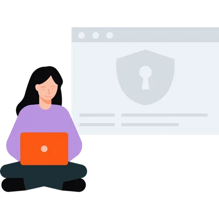 Una niña trabajando en seguridad de páginas web.  Ilustración