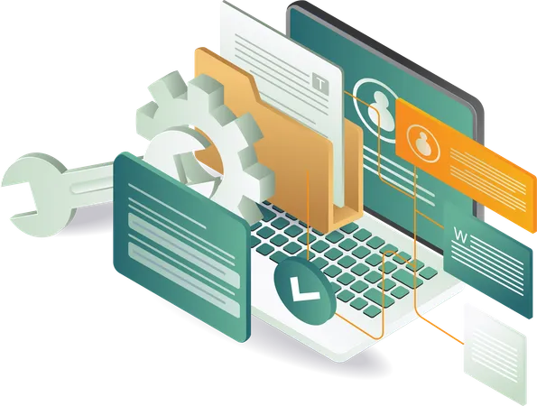 Una computadora portátil con una llave inglesa y un documento, que representan tareas de mantenimiento y trabajo.  Ilustración