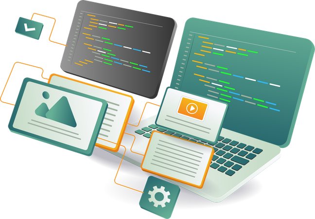 Una computadora portátil que muestra un código con varios elementos en la parte superior.  Ilustración