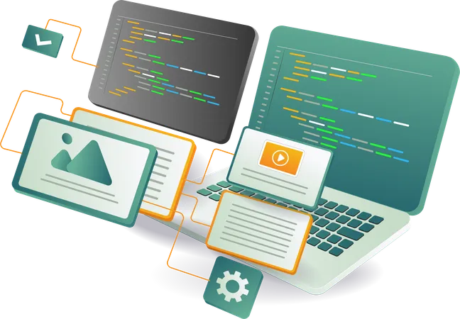 Una computadora portátil que muestra un código con varios elementos en la parte superior.  Ilustración