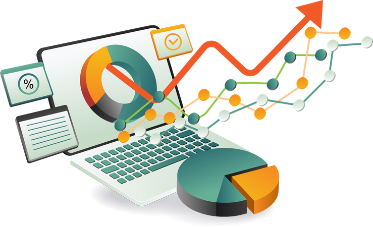Una computadora portátil que muestra un gráfico circular colorido y varios gráficos en la pantalla.  Ilustración