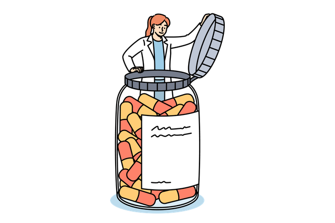 La doctora extrae vitaminas en forma de cápsulas de un baño medicinal gigante para tratar al paciente.  Ilustración