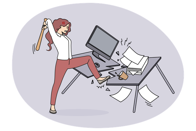 Una empleada enojada se estrella en la mesa de la oficina y sufre una crisis nerviosa en el lugar de trabajo.  Ilustración