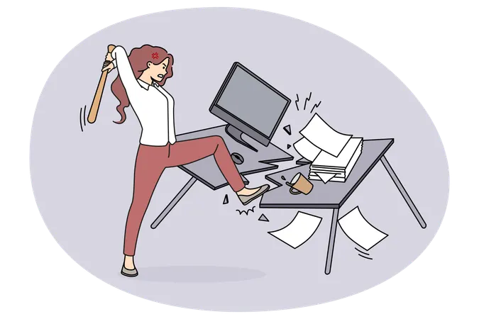 Una empleada enojada se estrella en la mesa de la oficina y sufre una crisis nerviosa en el lugar de trabajo.  Ilustración
