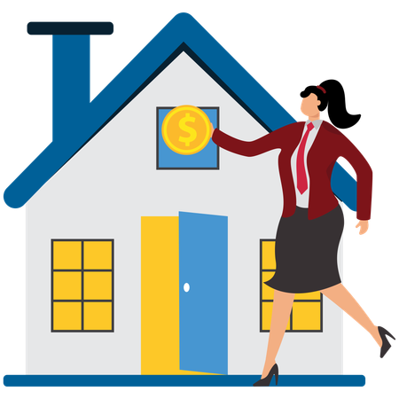 Una empresaria que toma dinero para pararse junto a una casa con el techo abierto  Ilustración