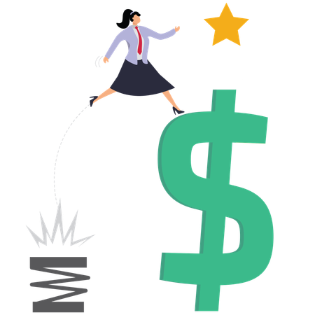 Una empresaria salta para alcanzar la estrella al final del símbolo del dinero.  Ilustración