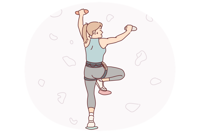 Una escaladora se entrena para escalar un muro de piedra artificial con ganas de conquistar un nuevo pico.  Ilustración