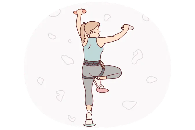 Una escaladora se entrena para escalar un muro de piedra artificial con ganas de conquistar un nuevo pico.  Ilustración