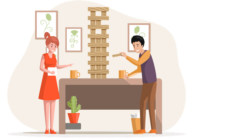 Una familia alegre juega jenga en el apartamento  Ilustración