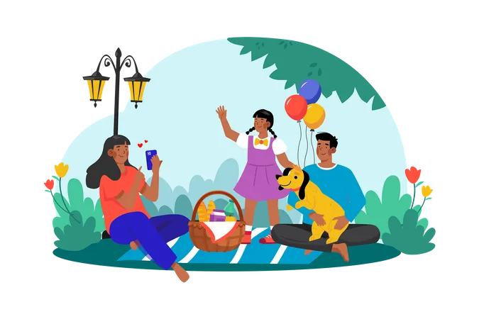 Una familia disfruta de un picnic matutino en el parque, rodeada de naturaleza.  Ilustración