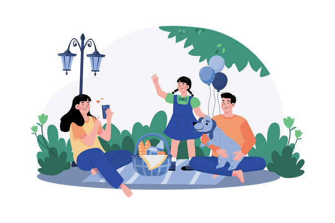 Una familia disfruta de un picnic matutino en el parque, rodeada de naturaleza.  Ilustración