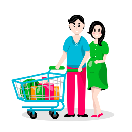 Una familia joven, un hombre y una mujer embarazada llevan un carrito de compras en un supermercado  Ilustración