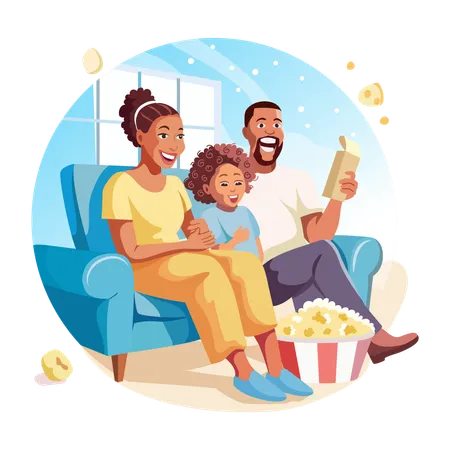 Una familia viendo una película con palomitas de maíz.  Ilustración