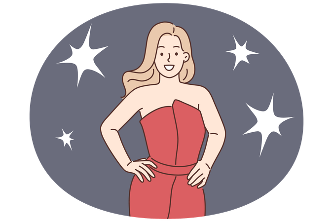 Una mujer famosa posa para los periodistas vestida de noche durante un festival de cine o una ceremonia de premios.  Ilustración