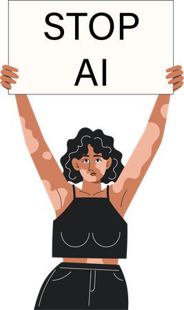 Una joven con vitíligo protesta contra la inteligencia artificial con un cartel.  Ilustración
